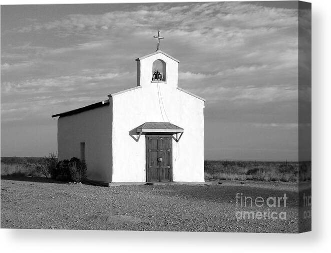 Travelpixpro West Texas Canvas Print featuring the photograph Calera Mission Chapel in West Texas Black and White #1 by Shawn O'Brien