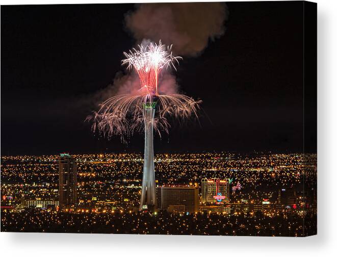 2011 New Year's Fireworks Canvas Print featuring the photograph 2011 New Year's Fireworks - The Stratosphere by Mark Whitt