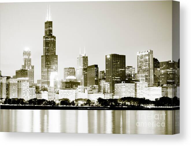 America Canvas Print featuring the photograph Chicago Skyline at Night #3 by Paul Velgos