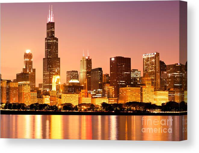 America Canvas Print featuring the photograph Chicago Skyline at Night #5 by Paul Velgos