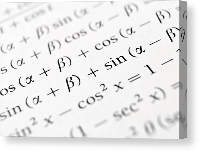 Calculation Canvas Print featuring the photograph Algebra formulas close up. by Fernando Barozza