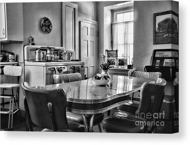 Paul Ward Canvas Print featuring the photograph Americana - 1950 Kitchen - 1950s - retro kitchen Black and White by Paul Ward