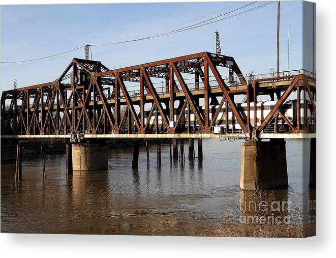 Transportation Canvas Print featuring the photograph Amtrak California Crossing The Old Sacramento Southern Pacific Train Bridge . 7D11692 by Wingsdomain Art and Photography