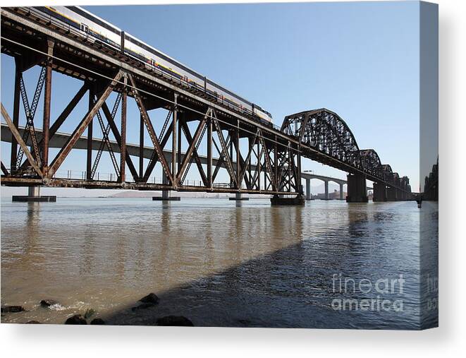 Transportation Canvas Print featuring the photograph Amtrak Train Riding Atop The Benicia-Martinez Train Bridge in California - 5D18829 by Wingsdomain Art and Photography