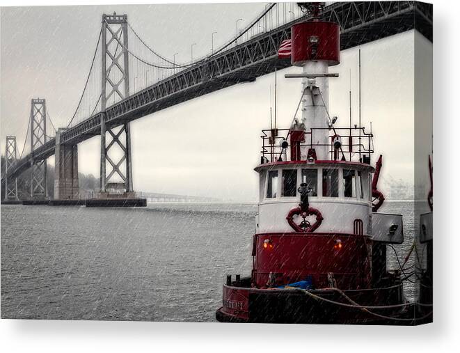 Bridge Canvas Print featuring the photograph Bay Bridge and Fireboat in the Rain by Jarrod Erbe