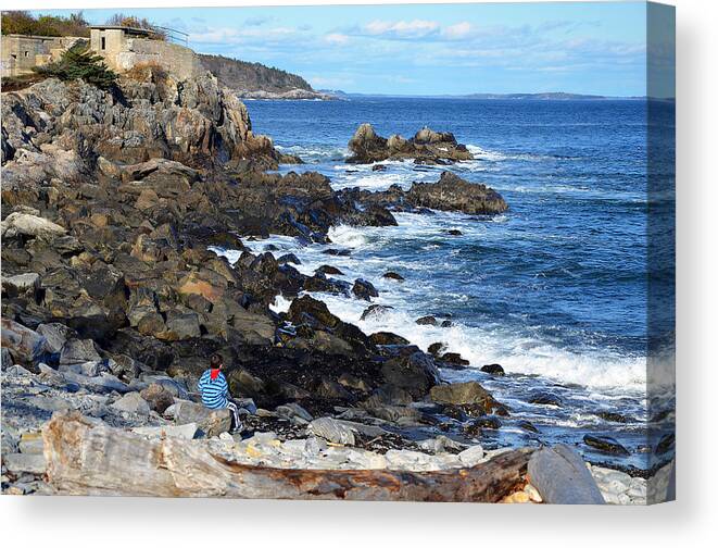 Outdoors Canvas Print featuring the photograph Boy on Shore Rocky Coast of Maine by Maureen E Ritter