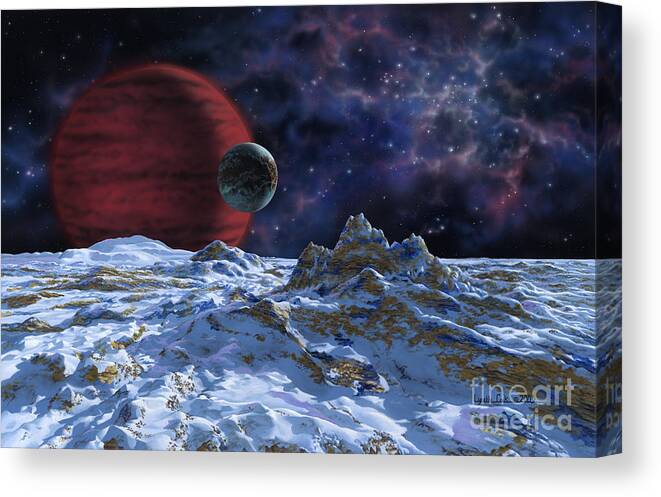 lynette Cook Canvas Print featuring the painting Brown Dwarf with Planet and Moon by Lynette Cook