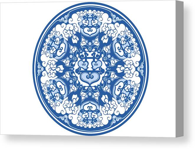 Horizontal Canvas Print featuring the digital art Chinese Traditional Blue And White Porcelain Style Pattern #2 by BJI Blue Jean Images