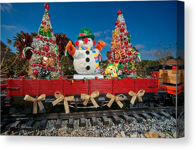 Snowman Canvas Print featuring the photograph Christmas Snowman On Rails by Christopher Holmes