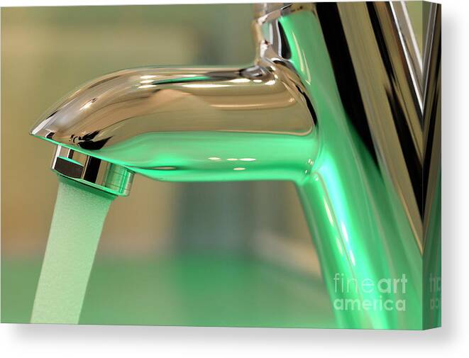 Reshness Canvas Print featuring the photograph Chrome sink tap with running water by Sami Sarkis