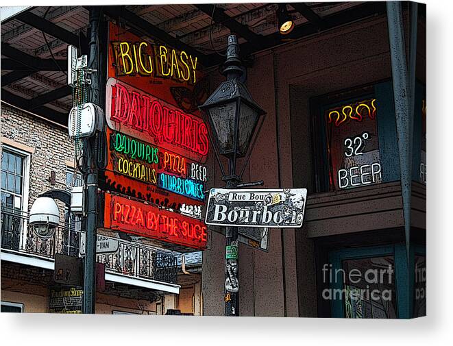 French Quarter Canvas Print featuring the digital art Colorful Neon Sign on Bourbon Street Corner French Quarter New Orleans Poster Edges Digital Art by Shawn O'Brien