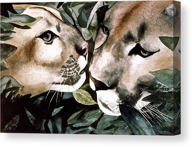Mountain Canvas Print featuring the painting Cougar Kiss by Frank SantAgata