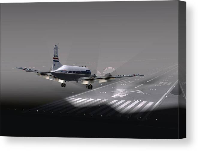 Airline Canvas Print featuring the digital art DC6 Nite Final 17X11 by Mike Ray