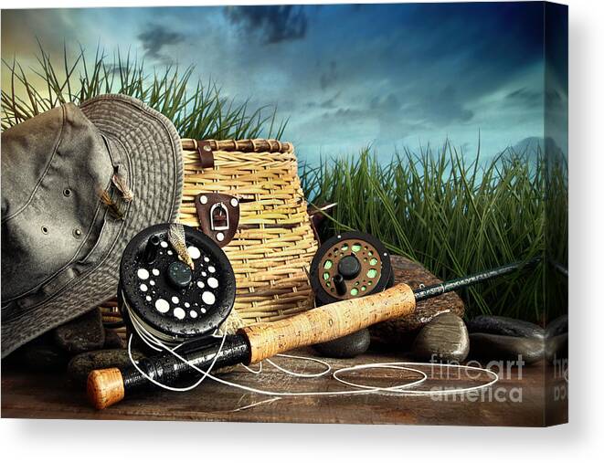 Fly fishing equipment with hat on wooden dock Canvas Print / Canvas Art by  Sandra Cunningham - Pixels Canvas Prints