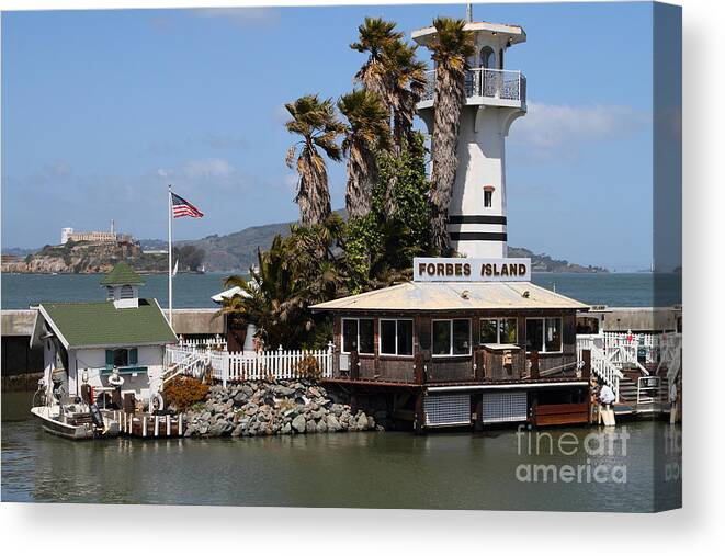 San Francisco Canvas Print featuring the photograph Forbes Island Restaurant With Alcatraz Island in The Background . San Francisco California . 7D14261 by Wingsdomain Art and Photography