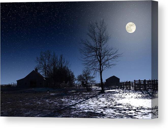 Astronomy Canvas Print featuring the photograph Full Moon and Farm by Larry Landolfi