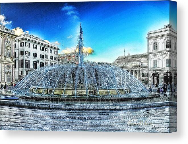 De Ferrari Canvas Print featuring the mixed media GENOVA De Ferrari square fountain and buildings by Enrico Pelos