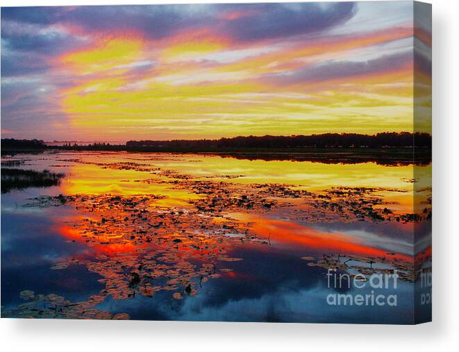 Sunrise Canvas Print featuring the photograph Glowing skies over Crews Lake by Barbara Bowen