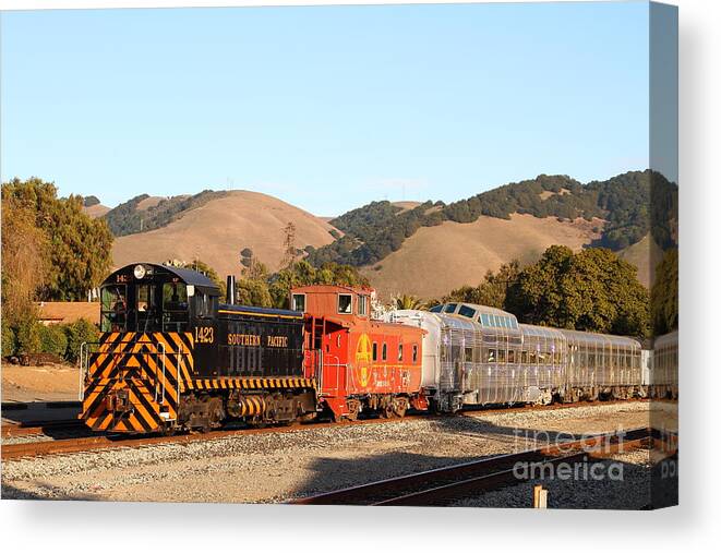 Landscape Canvas Print featuring the photograph Historic Niles Trains in California . Old Southern Pacific Locomotive and Sante Fe Caboose . 7D10822 by Wingsdomain Art and Photography