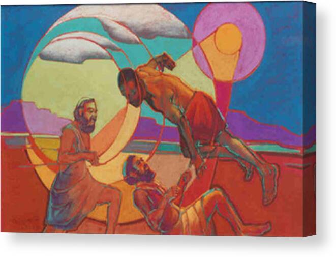 Biblical Canvas Print featuring the painting Jacob Wrestling with the Angel by Suzanne Giuriati Cerny