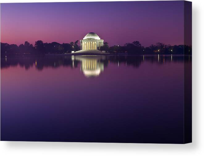 Jefferson Canvas Print featuring the photograph Jefferson Memorial and Pond at Blue Light by Val Black Russian Tourchin