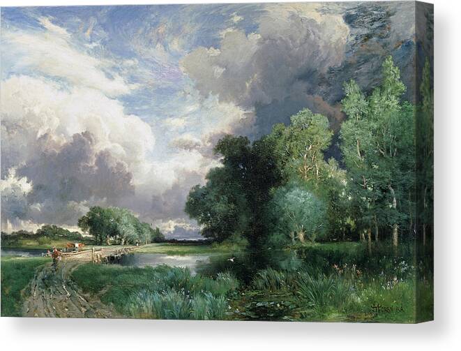 Rural; Remote; River; Riverbank; Dusk; Evening; Track; Road; Path; Journey; Traveller; Walking; Cattle; Homeward Bound; Countryside;landscape With A Bridge (oil On Canvas) By Thomas Moran (1837-1926) Wood Canvas Print featuring the painting Landscape with a bridge by Thomas Moran