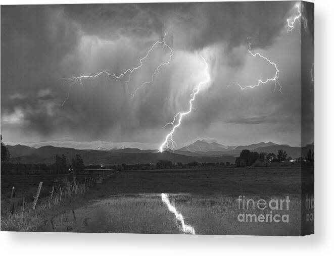 Awesome Canvas Print featuring the photograph Lightning Striking Longs Peak Foothills 2BW by James BO Insogna