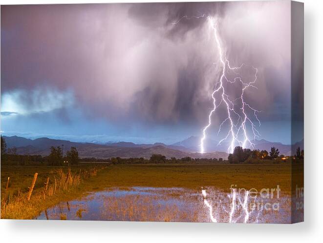 Lightning Canvas Print featuring the photograph Lightning Striking Longs Peak Foothills 6 by James BO Insogna