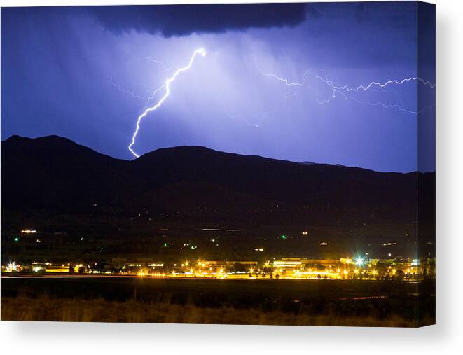 decorative Canvas Prints Canvas Print featuring the photograph Lightning Striking Over IBM Boulder CO 1 by James BO Insogna