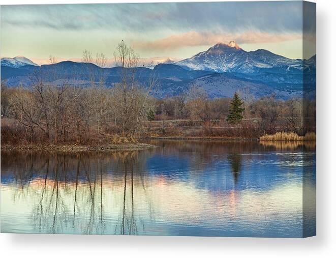 'twin Peaks' Colorado Canvas Print featuring the photograph Longs Peak from Golden Ponds by James BO Insogna