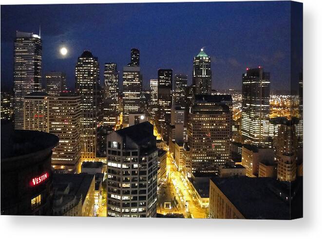 Seattle Canvas Print featuring the photograph Moonlit Seattle Skyline by Robert Meyers-Lussier