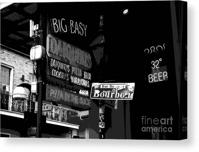 Travelpixpro New Orleans Canvas Print featuring the digital art Neon Sign on Bourbon Street Corner French Quarter New Orleans Black and White Cutout Digital Art by Shawn O'Brien