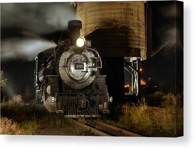 Steam Train Photographs Canvas Print featuring the photograph Night at the Water Tower by Ken Smith