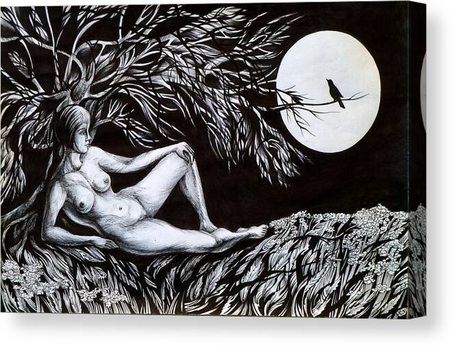Pen And Ink Canvas Print featuring the drawing Nightingale Song. Part One by Anna Duyunova