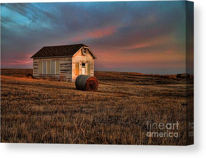 Sunrise Canvas Print featuring the photograph Old Prairie School at Sunrise by Edward R Wisell