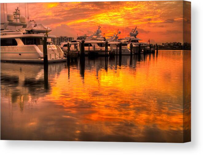 Boats Canvas Print featuring the photograph Palm Beach Harbor Glow by Debra and Dave Vanderlaan
