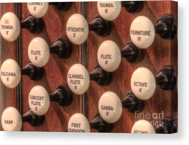 Clarence Holmes Canvas Print featuring the photograph Pipe Organ Stop Knobs I by Clarence Holmes