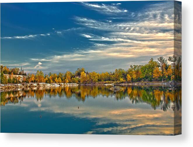 Klondike Park Canvas Print featuring the photograph Polarizing Autumn Lake by Bill and Linda Tiepelman