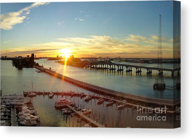  Canvas Print featuring the photograph Port of Miami at sundown by Dejan Jovanovic