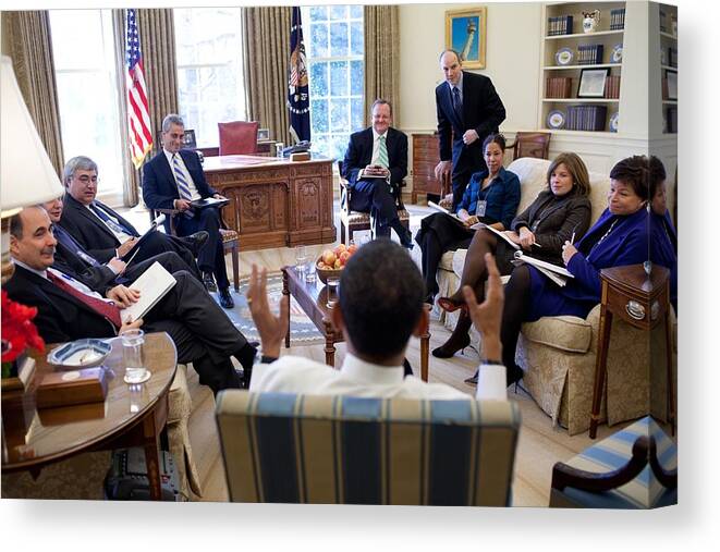 History Canvas Print featuring the photograph President Obama Meets With Senior by Everett