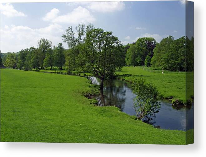 Derbyshire Canvas Print featuring the photograph Riverside Meadows - Ashford-in-the-Water by Rod Johnson