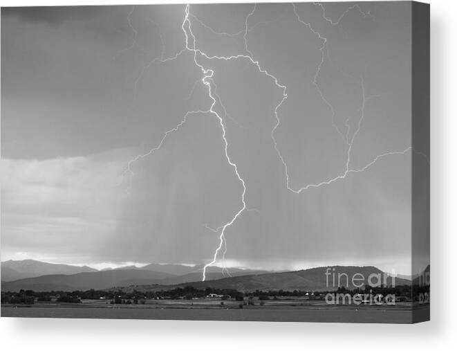 July Canvas Print featuring the photograph Rocky Mountain Front Range Foothills Lightning Strikes 1 BW by James BO Insogna