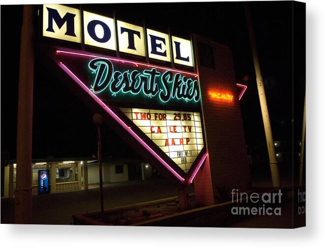 Route 66 Canvas Print featuring the photograph Route 66 Desrt Skies Motel Neon by Bob Christopher