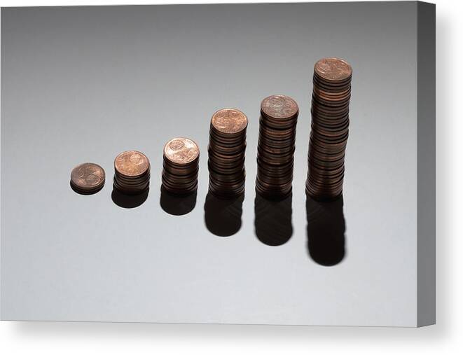Horizontal Canvas Print featuring the photograph Rows Of Stacks Of Five Cent Euro Coins Increasing In Size by Larry Washburn