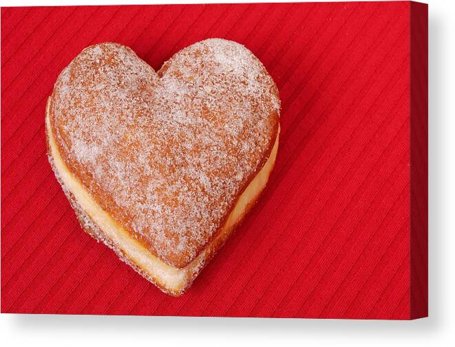 Valentine Canvas Print featuring the photograph Sweet Valentine Love - heart-shaped jam-filled donut by Matthias Hauser