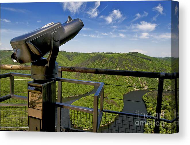 Tourism Canvas Print featuring the photograph Telescope with view on meander of Queuille. Auvergne. France. Europe by Bernard Jaubert