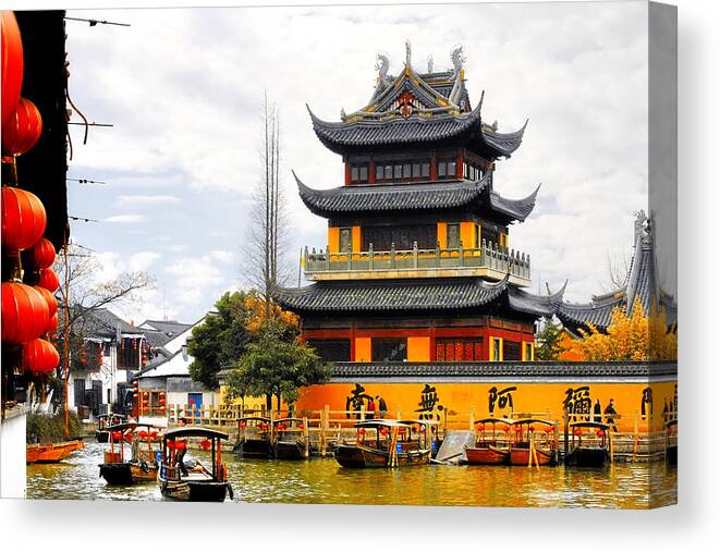 Zhu Jia Jiao Canvas Print featuring the photograph Temple Pagoda Zhujiajiao - Shanghai China by Alexandra Till
