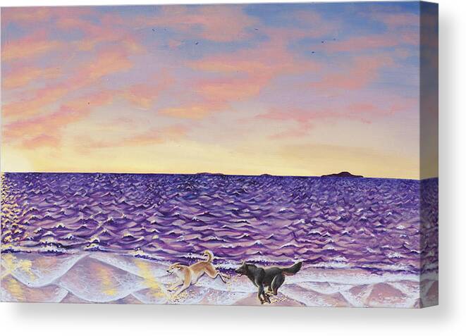Beach Dogs Sunset Ocean Sea Tide Sundown Clouds Sky Play Running Sand Pets Animals Canvas Print featuring the painting The Beach by Beth Davies