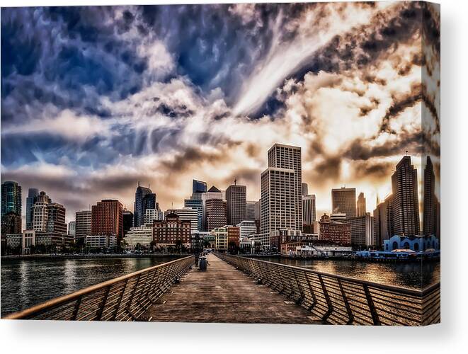 Buildings Canvas Print featuring the photograph The Embarcadero on the Waterfront at Sunset by John Maffei