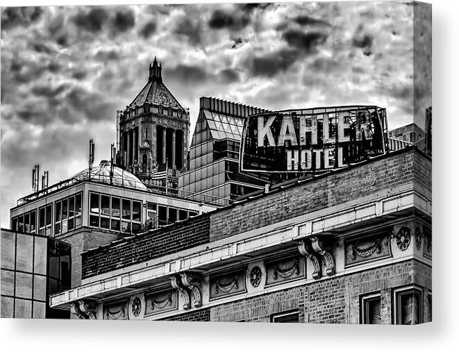 Clouds Storm Black And White Noir City Cityscape Skyline Rochester Minnesota Kahler Hotel Canvas Print featuring the photograph The Gathering Storm by Tom Gort